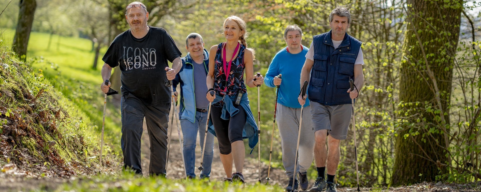 Mehrere Personen wandern durch den Wald. 